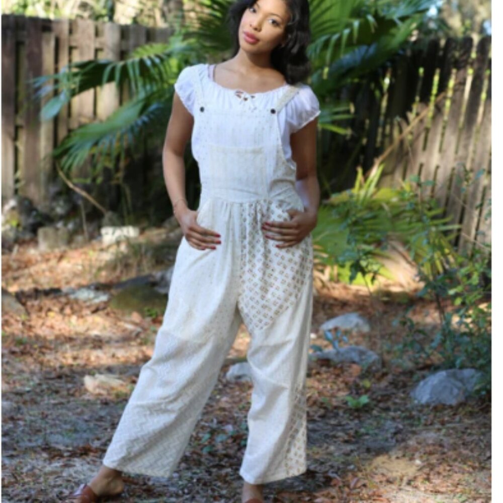 217. NWT Sacred Threads Cream and Gold Patchwork Jumpsuit